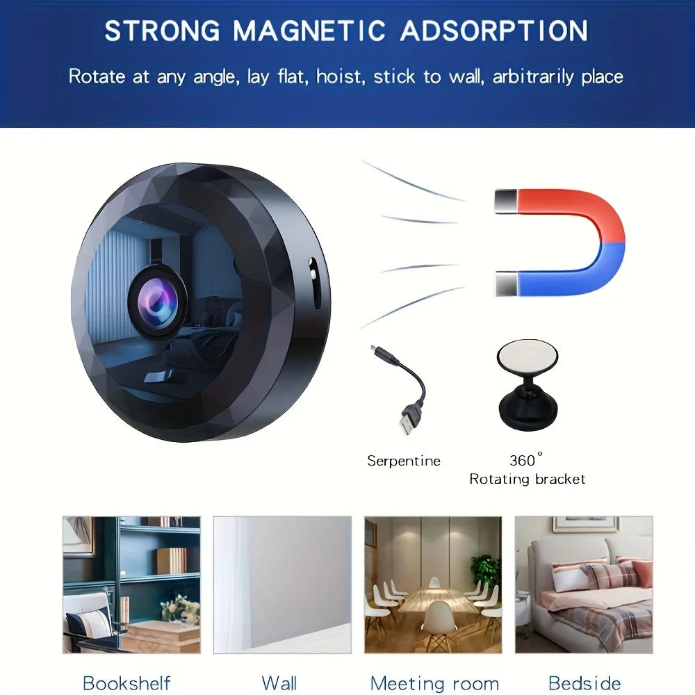 A black compact WiFi security camera with night vision features shown in various installation contexts.