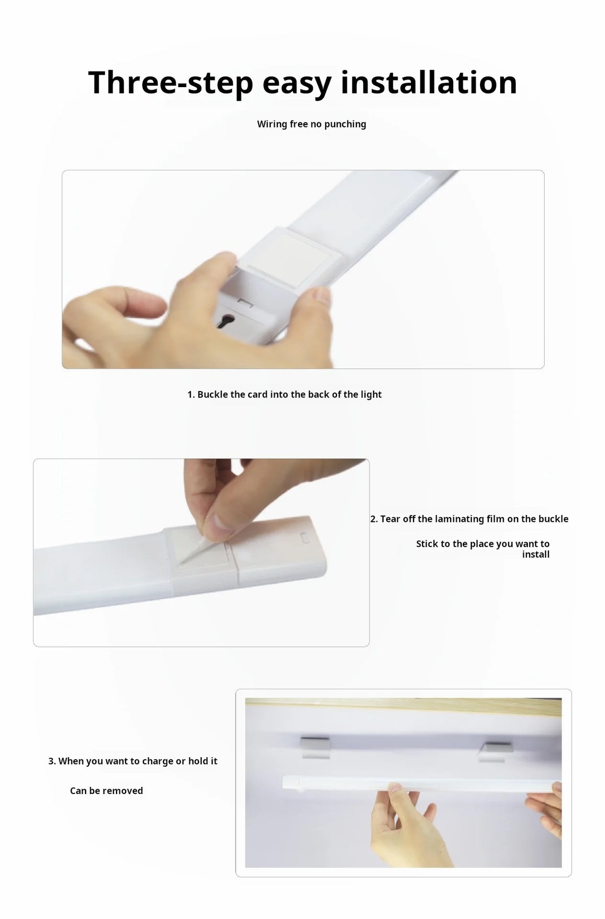 Three-step installation guide showing how to install a wireless motion sensor LED cabinet light.