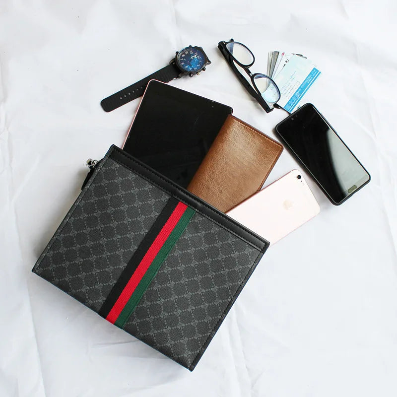 A collection of various accessories including a black clutch bag, a pink smartphone, sunglasses, and a brown leather wallet o