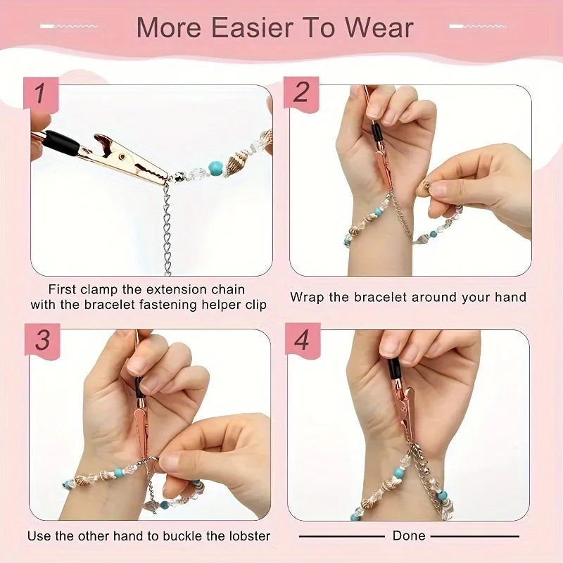 A four-step guide showing how to use a retractable bracelet fastening tool to secure a bracelet.