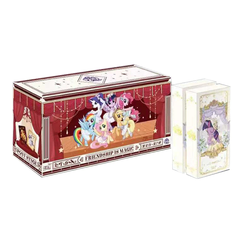 A box of My Little Pony Friendship Eternal Radiant Moon Gilded Card Pack featuring colorful ponies and decorative elements.