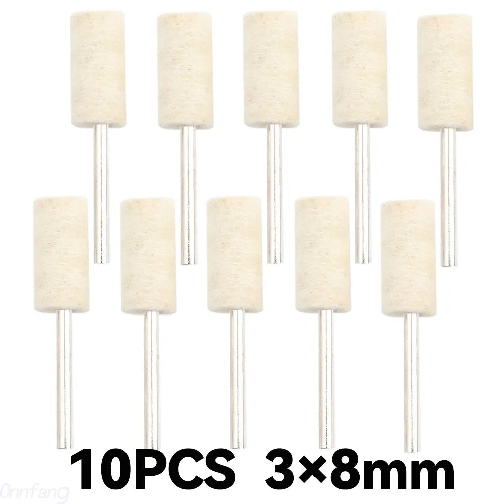 Ten pieces of light beige wool felt polishing wheels with 3x8mm metal shafts.