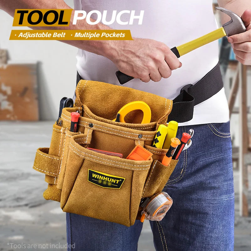 A person wearing a white shirt and jeans holds a brown tool pouch with multiple pockets and tools.