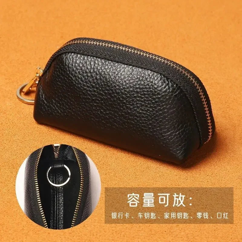 Black PU leather key organizer wallet shown next to a circular detail view.