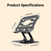 A black adjustable tablet stand with a rotating feature shown from the side and top view.