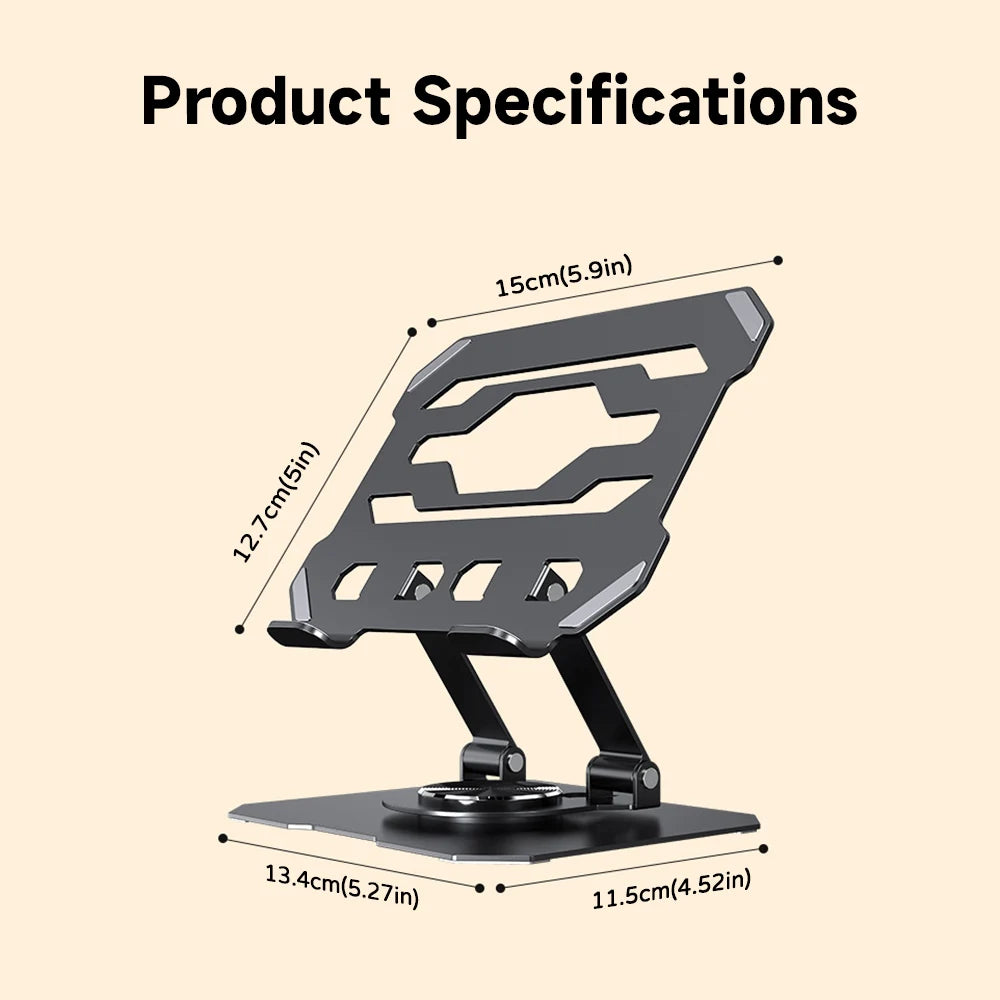 A black adjustable tablet stand with a rotating feature shown from the side and top view.