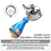 A stainless steel double-mouth portafilter with a blue glass handle for espresso machines.