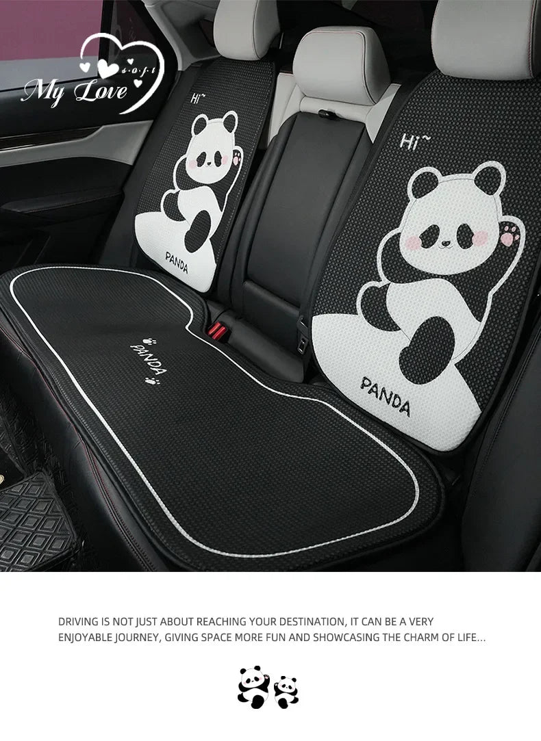 Black car seat covers featuring panda designs and headrest pillows for a comfortable driving experience.