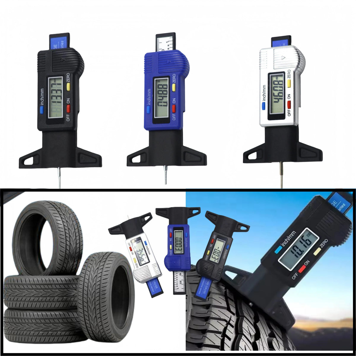 Three digital tire tread depth gauges are shown with a stack of tires and a tire in motion.