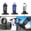 Three digital tire tread depth gauges are shown alongside several tires.