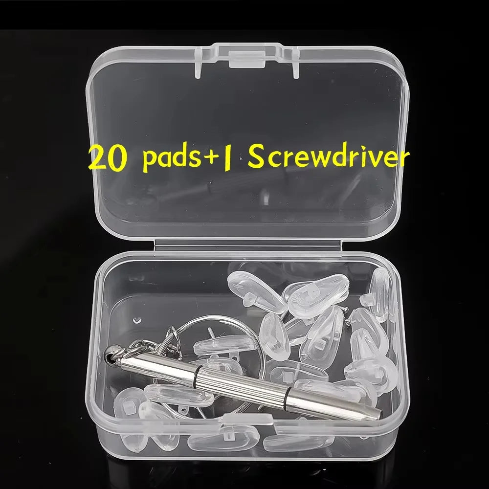 Clear plastic case containing 20 nose pads and a screwdriver for glasses repair
