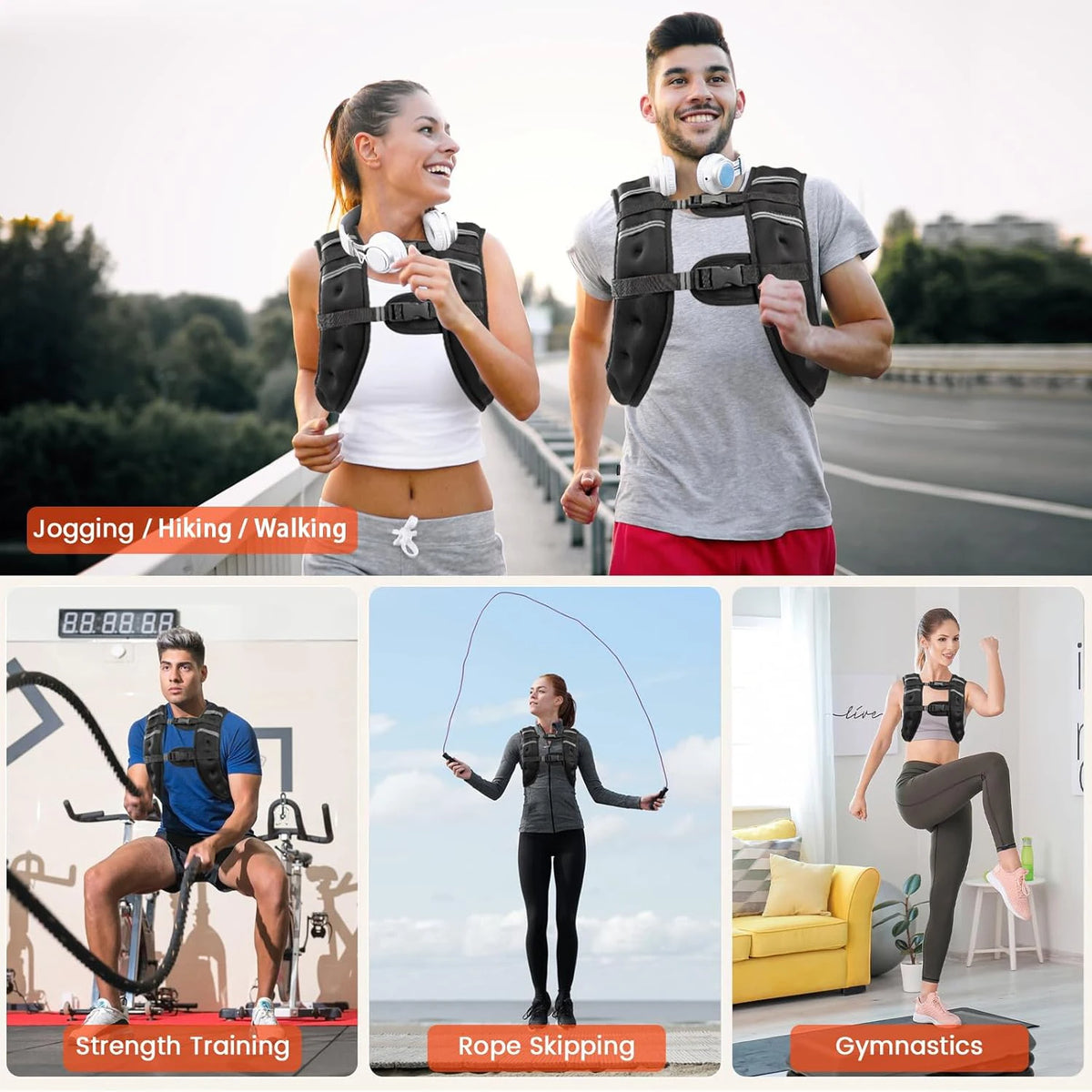 A woman performs rope skipping and a man performs strength training exercises.