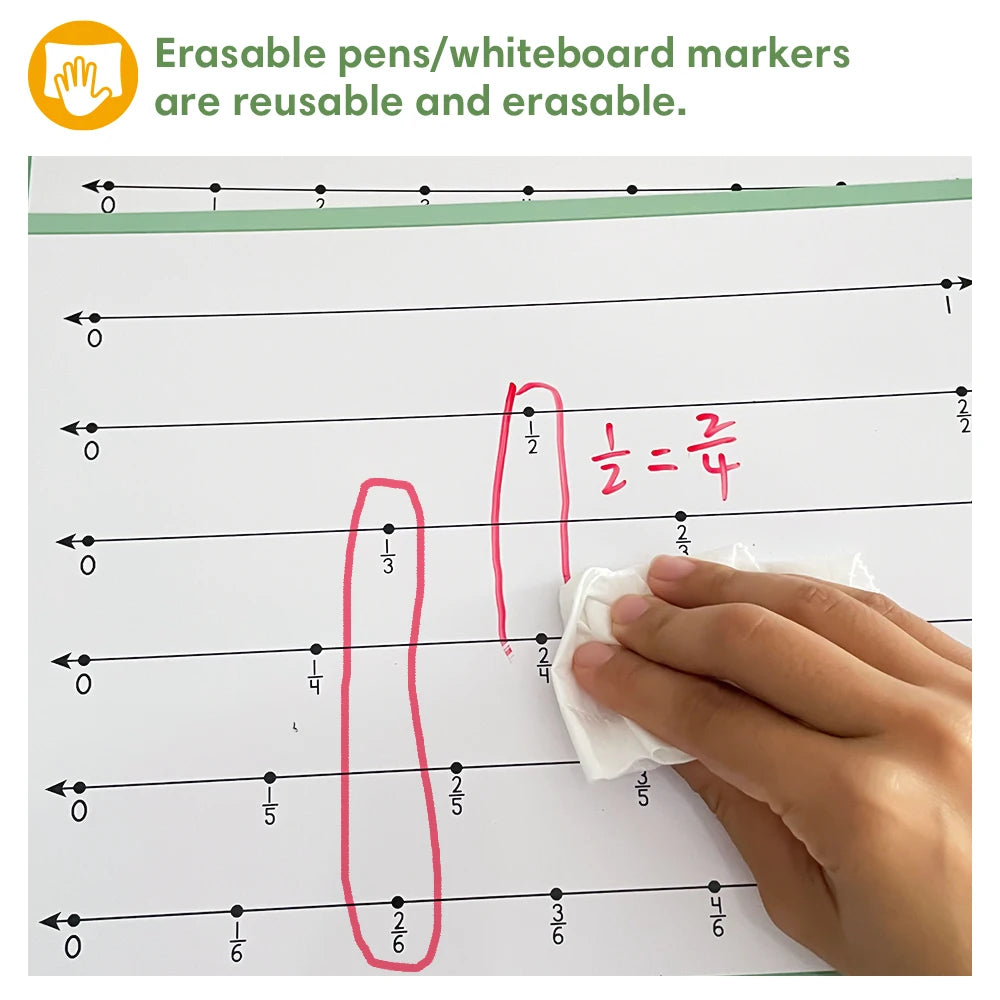 A hand is using a pink erasable pen to write fractions on a number line poster for classroom math learning.
