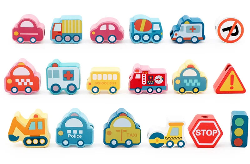 Wooden Lacing Beads Set for Kids with Animal, Fruit, Letter & Number Shapes