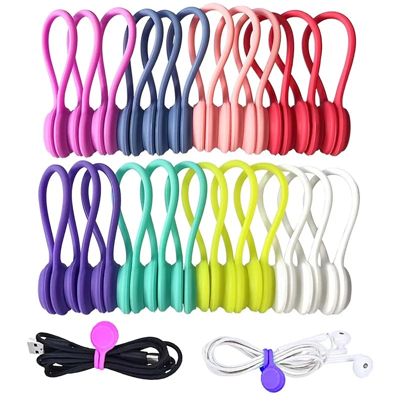 Three packs of magnetic silicone cable ties in various colors and a pair of white silicone cable ties.