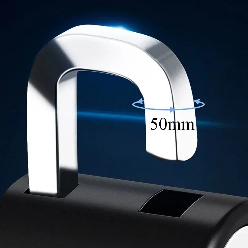A close-up of a silver anti-theft helmet lock with a 50mm measurement mark, mounted on a black device.