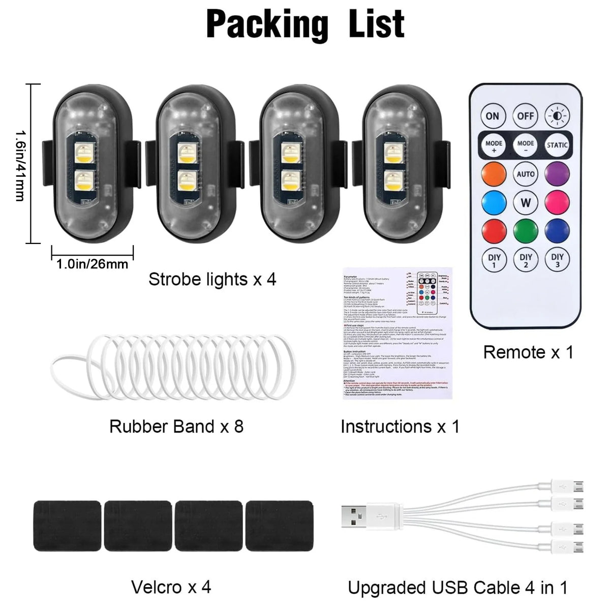 Packing list for rechargeable wireless LED strobe lights including strobe lights, rubber bands, instructions, velcro, and an 