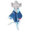 A gray elephant plush toy with a blue blanket and teether for babies.