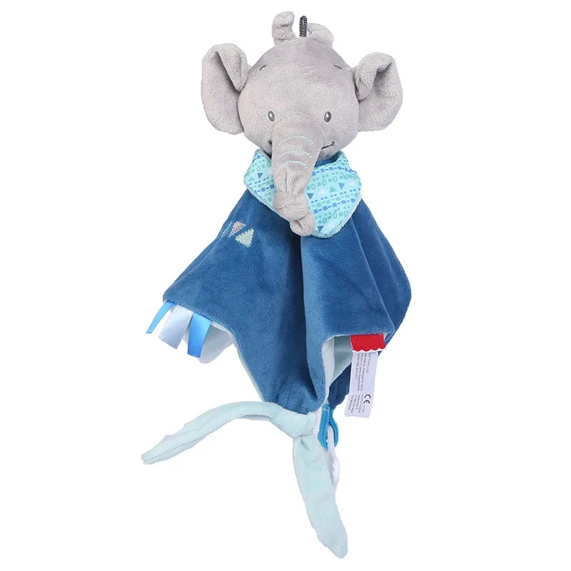 A gray elephant plush toy with a blue blanket and teether for babies.