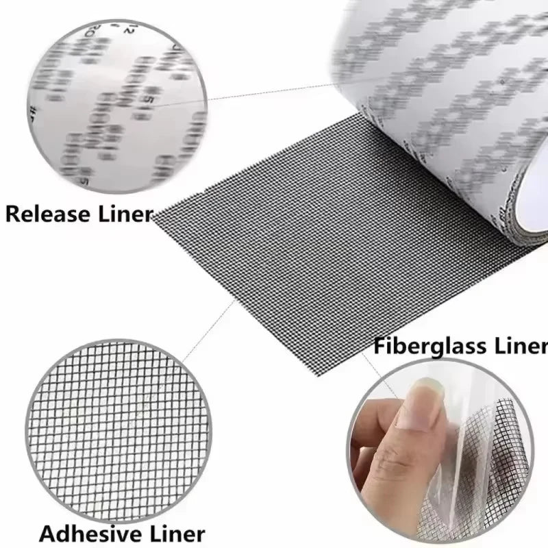 Diagram showing the layers of self-adhesive window screen repair tape including release liner, fiberglass liner, and adhesive