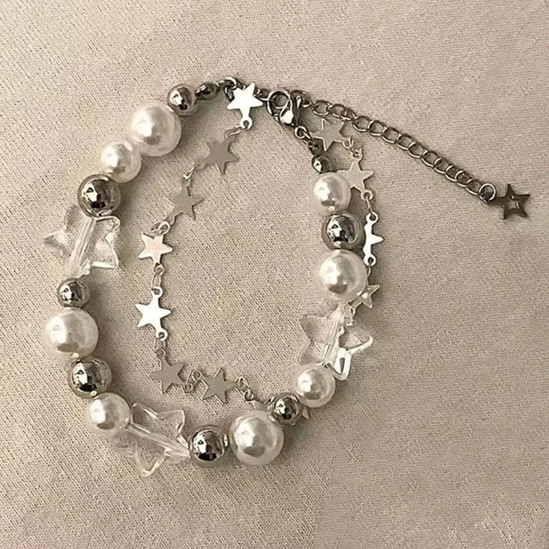 Pulsera de Doble Capa con Estrella de Cristal y Perlas