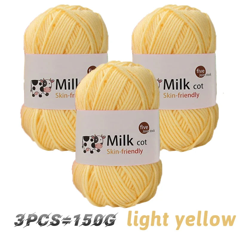 Three balls of light yellow Milk cot skin-friendly acrylic yarn for knitting and crochet
