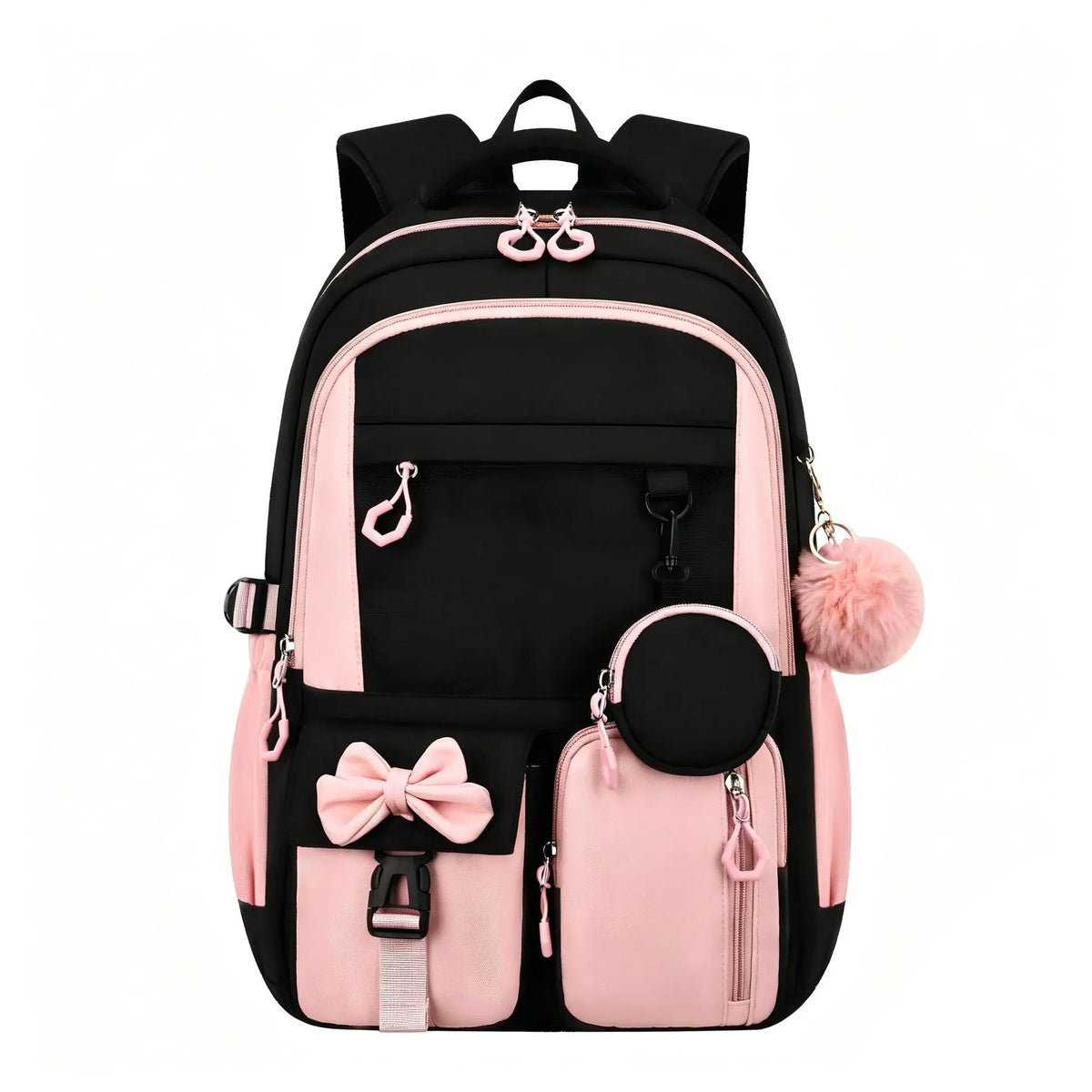 A pink and black backpack set for girls featuring a laptop compartment and decorative elements.