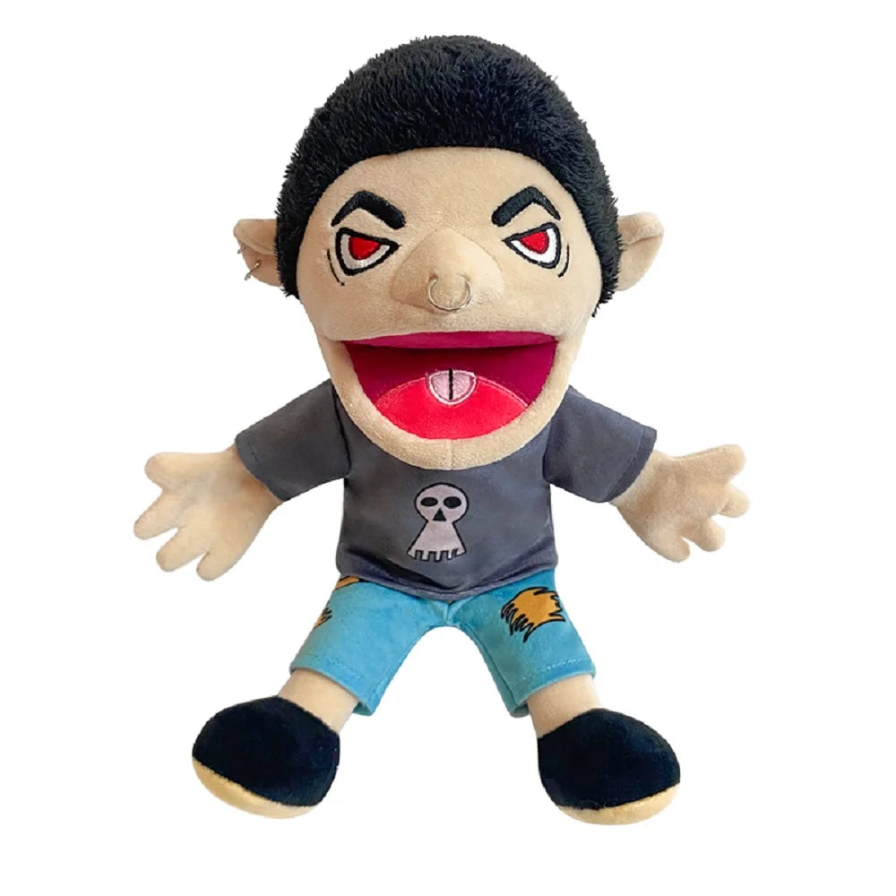 A plush toy of the character Jeffy featuring black hair, red eyes, and an open mouth.