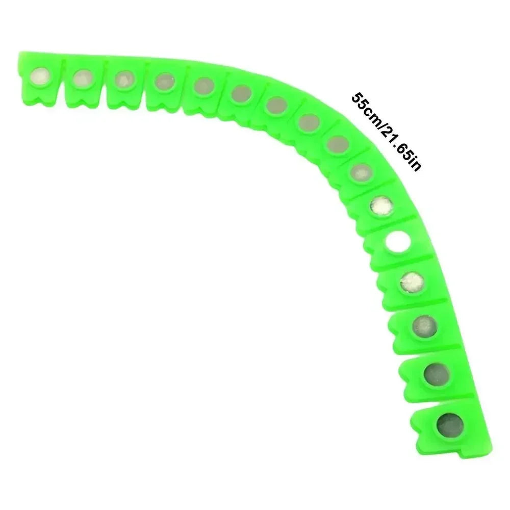 A bright lime green magnetic dry grinding protective strip, curved and showing small silver studs.