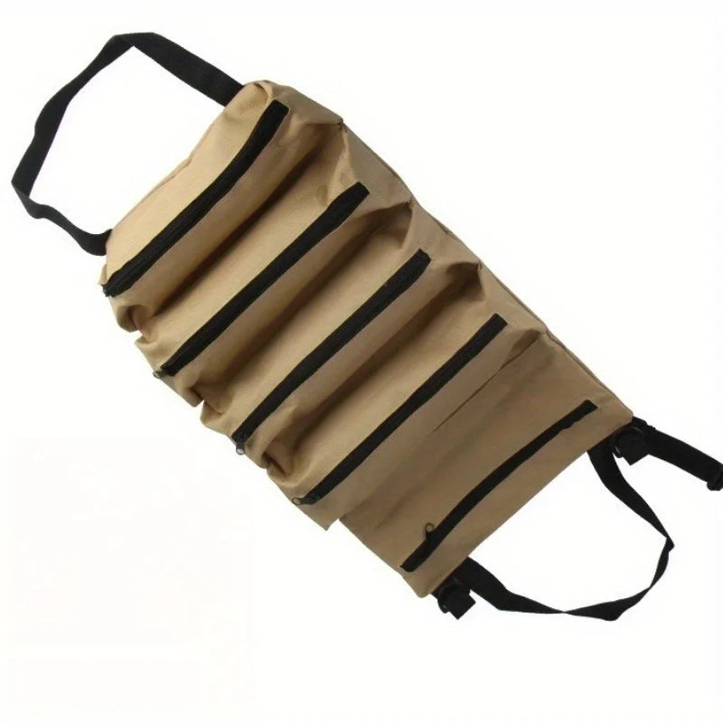 A tan roll-up tool organizer bag with black stripes and black straps.