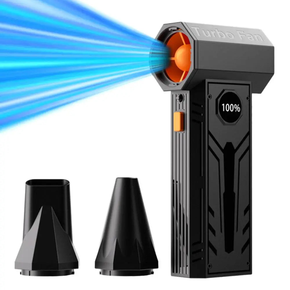 A black turbo fan air duster device is shown with a blue light beam and three nozzle tips.
