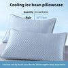 A pair of light blue cooling ice bean pillowcases shown next to size specifications.