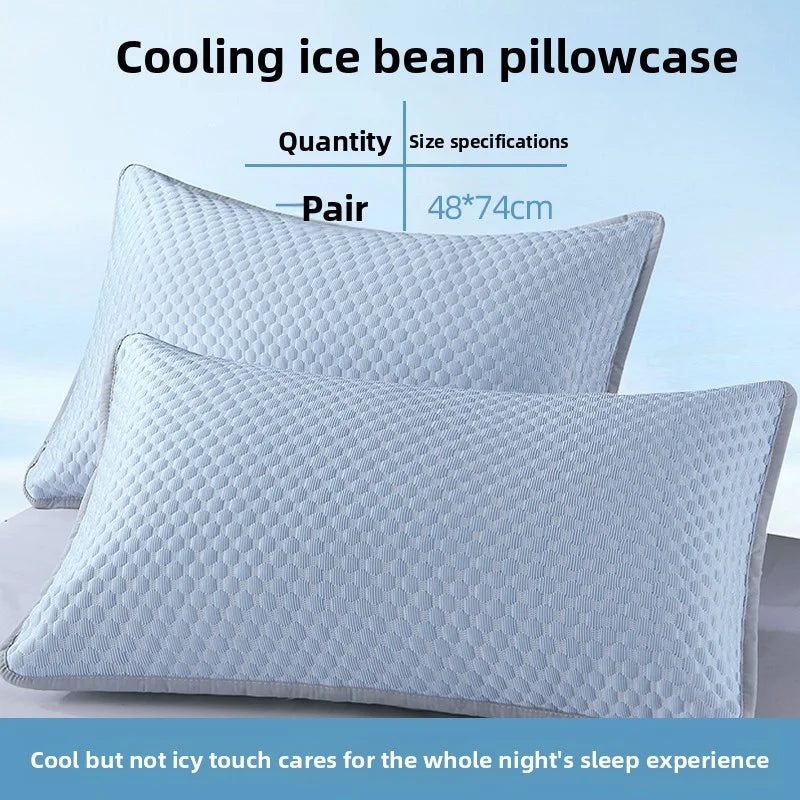 A pair of light blue cooling ice bean pillowcases shown next to size specifications.