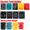 Various electric tool holders and battery dock holders in black, blue, yellow, and red colors