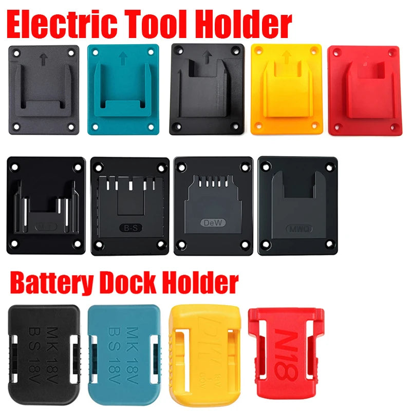 Various electric tool holders and battery dock holders in black, blue, yellow, and red colors