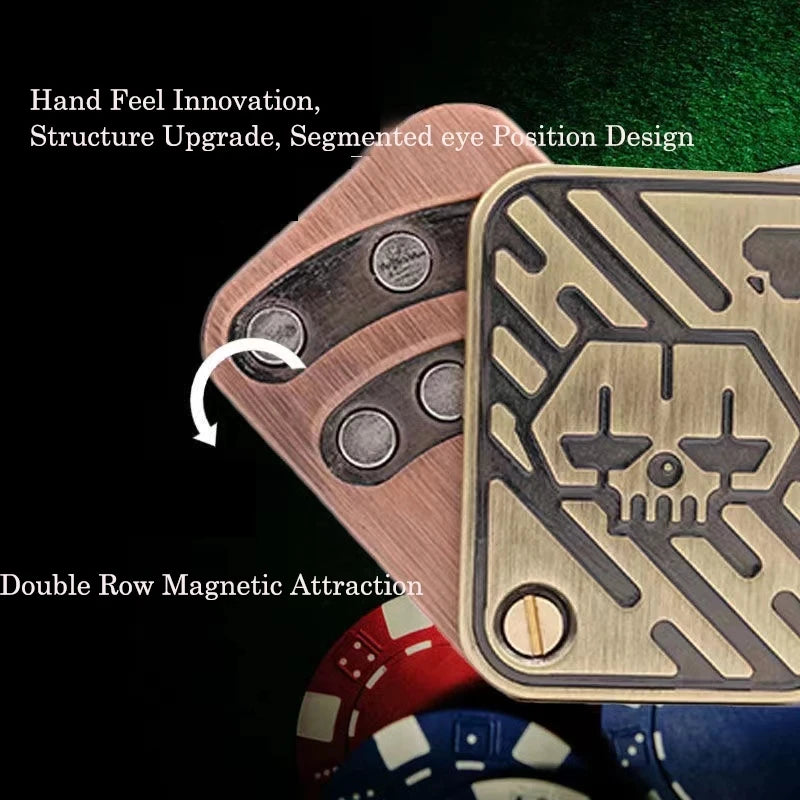 Close-up of a metal skull fidget slider showing hand feel innovation and double row magnetic attraction features.