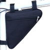 Black waterproof bike frame bag with velcro straps attached to a white pole.