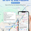 A smartphone displays a real-time tracking map of a car on an app, showing GPS location and vehicle details.