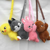 A collection of five soft stuffed animal plush dolls in yellow, gray, pink, and brown hanging from straps.