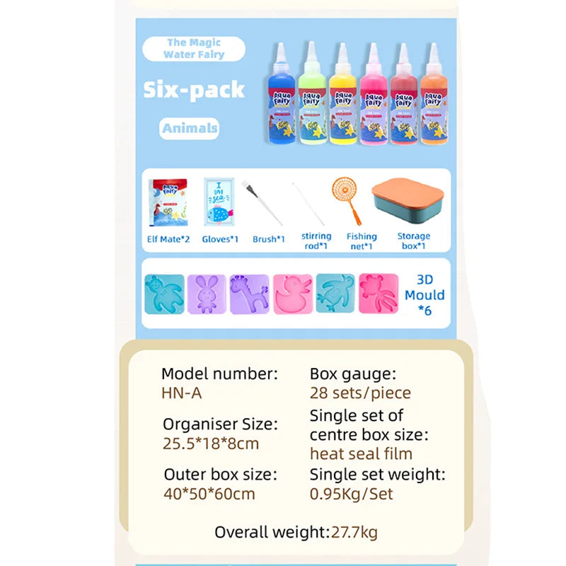 A six-pack of DIY 3D water elf craft kits for kids featuring various animals and tools
