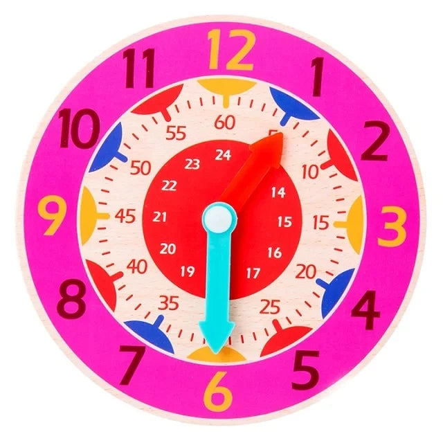 A pink wooden clock face with numbers and hands, showing the time.