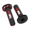 A black motorcycle handlebar grip with red stitching and a silver logo.