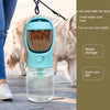 A light blue pet bottle with a clear top for water storage and a separate compartment for dry food grains is shown hanging on