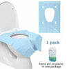 A package of disposable toilet seat covers in light blue fabric shown next to a white toilet bowl.