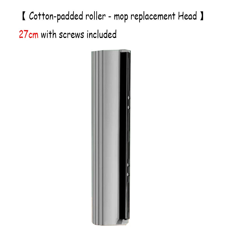 A silver replacement mop head with a cylindrical body and screws included.