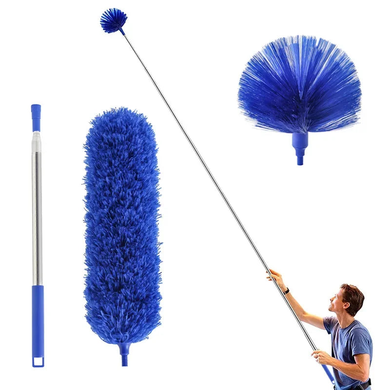 A blue extendable ceiling fan duster with a long handle and a fluffy cleaning head is shown against a white background.