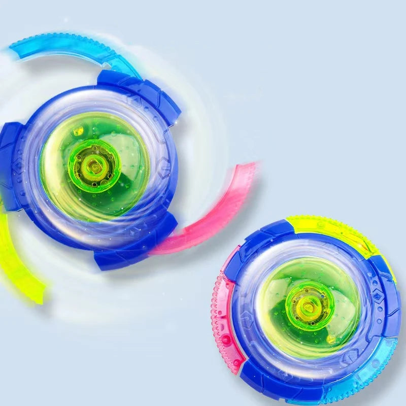 A close-up view of a glowing musical spinning top with blue and pink accents.
