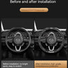 Before and after installation comparison of a carbon fiber steering wheel cover for a Mazda vehicle.