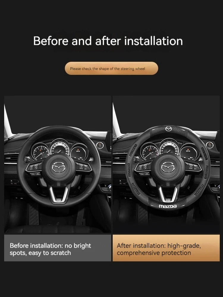 Before and after installation comparison of a carbon fiber steering wheel cover for a Mazda vehicle.