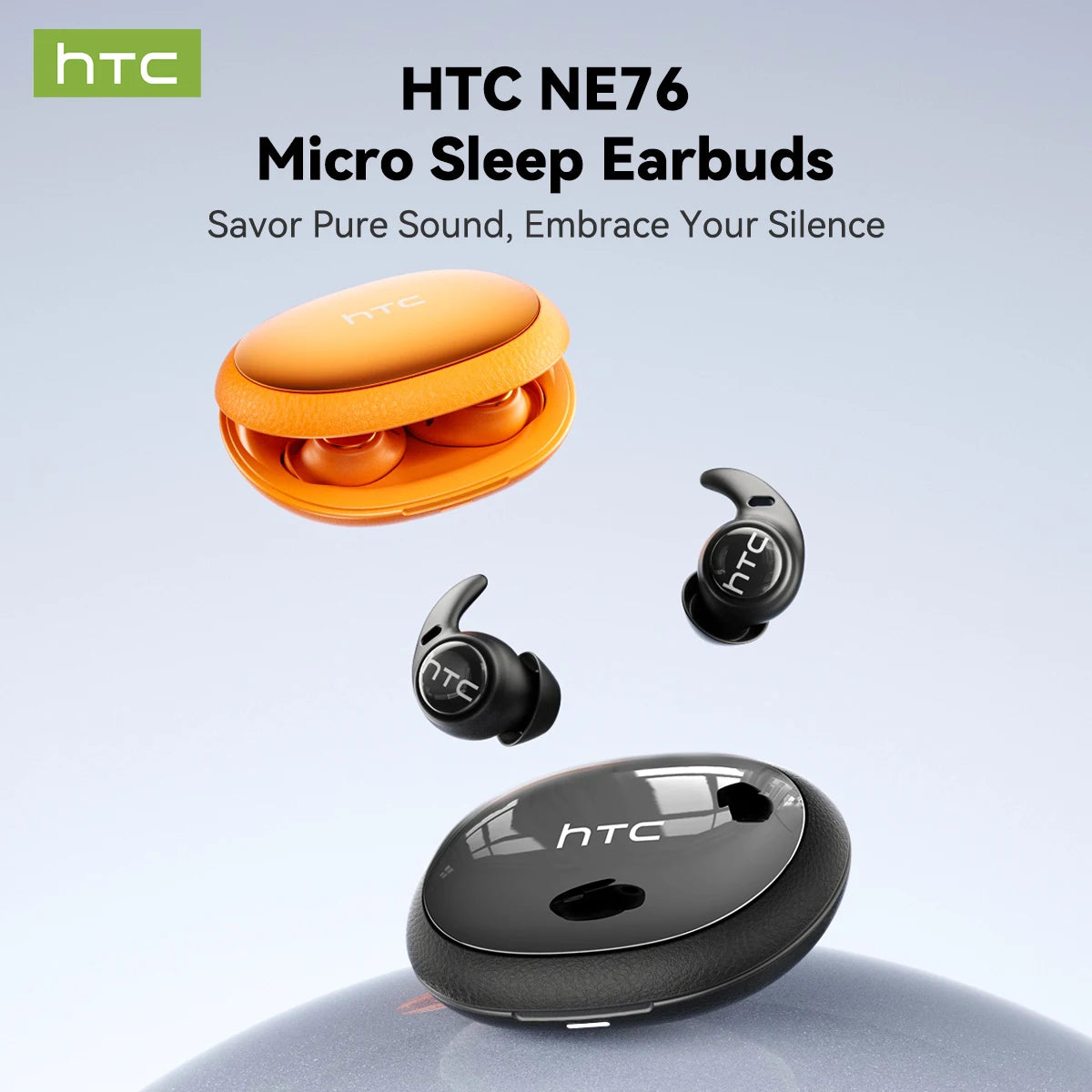 Auriculares HTC NE76 Micro en naranja y negro, mostrados en varias formas sobre fondo gris.